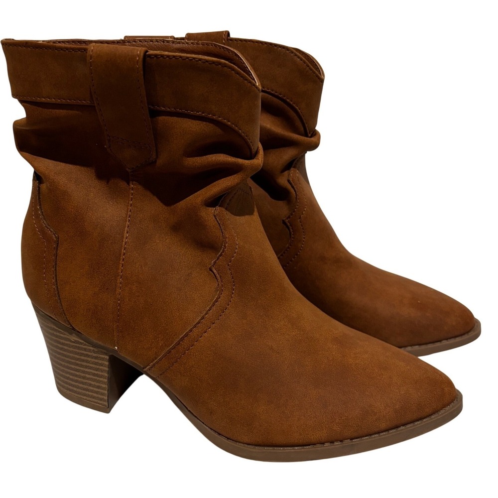 Brown Faux Suede slouch Boots Block Heel Sz 7 Fall cowgirl boho chic
